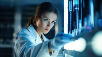 AI generated Scientific laboratory. Pretty Girl doctor with test tubes. DNA testing and medical work. Woman in white coat in the hospital. AI generated photo