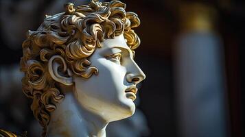 ai generado antiguo estatua en de cerca. un antiguo griego o romano Monumento con oro pintar en sus rostro. foto
