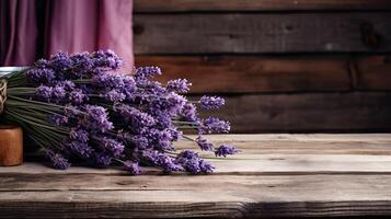 ai generado mesa con lavanda. manojo de púrpura flores en rústico antecedentes con Copiar espacio para negocio producto presentación y modelo. natural de madera tableros ai generado foto