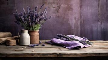 ai generado mesa con lavanda. manojo de púrpura flores en rústico antecedentes con Copiar espacio para negocio producto presentación y modelo. natural de madera tableros ai generado foto