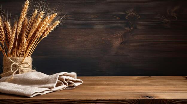 AI generated Table made of wooden planks with ears of wheat. Copy space for presentation of rustic business product. Background template. Natural rustic concept. AI generated photo
