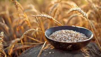 AI generated Oatmeal and cereals in rustic bowl. Retro Plate with natural food. Concept of healthy nutrition, village and naturalness. AI Generated photo