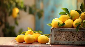 AI generated Box of lemon. Empty space for copy space and template. Mediterranean cuisine, ingredients and citrus. photo