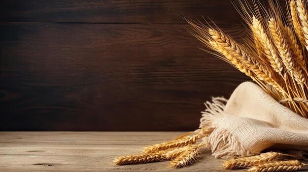 AI generated Table made of wooden planks with ears of wheat. Copy space for presentation of rustic business product. Background template. Natural rustic concept. AI generated photo