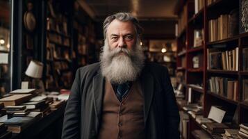 AI generated Owner of bookstore. Portrait of respectable adult man with beard. Classic dark interior. Small business. Books on the shelves. AI Generated photo