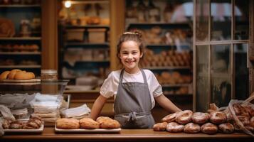 ai generado pequeño niña detrás el mostrador vende un pan. retrato de niño, trabajando como panadero. elegir futuro profesión. panadería, pequeño privado tienda y familia negocio. foto