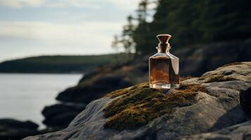 ai generado fragancia perfume estar en Roca en contra antecedentes de naturaleza. hombres perfume foto