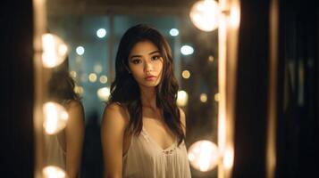 AI generated Beautiful asian girl in front of make-up mirror. Actress and model in dressing room. Woman in evening dress preparing for performance. AI Generated photo