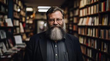 ai generado propietario de librería. retrato de respetable adulto hombre con barba. clásico oscuro interior. pequeño negocio. libros en el estantes. ai generado foto