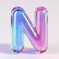 AI generated Letter N, transparent glass effect. AI generated. Glossy typographic sign with plastic purple reflection. Alphabetic pink neon font photo