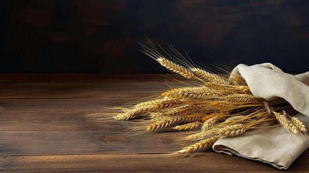 AI generated Table made of wooden planks with ears of wheat. Copy space for presentation of rustic business product. Background template. Natural rustic concept. AI generated photo