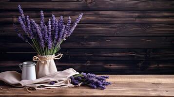 ai generado mesa con lavanda. manojo de púrpura flores en rústico antecedentes con Copiar espacio para negocio producto presentación y modelo. natural de madera tableros ai generado foto