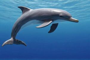 ai generado imagen de un linda delfín nadando en el superficie de un azul Oceano foto