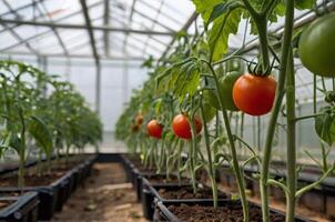 AI generated close up of tomato plant in modern agriculture system in a greenhouse with copy space area photo