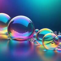 AI generated translucent soap bubbles floating against a blurred colorful background photo