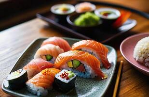 ai generado un vistoso plato de Sushi, con delicado rebanadas de salmón, atún, y cola amarilla arreglado en un hermosa modelo foto