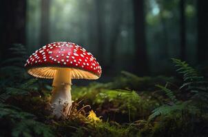 AI generated Glowing amanita mushroom in a mystical forest with copy space area photo