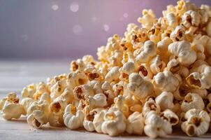 AI generated heap of popcorn in front of bright background with copy space area photo