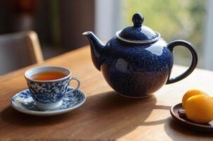 AI generated a blue and white china teapot and a cup of tea