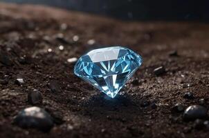 AI generated Diamond mining on a wet ground with glowing unfinished gemstone and copy space area photo