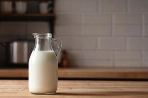 ai generado un botella de Leche en el mesa en el cocina con espacio para texto foto