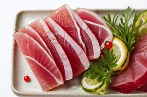 AI generated Tuna sashimi with side garnish isolated on a white background, top view photo