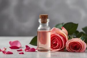 AI generated Rose essential oil in bottle with petals and copy space area photo