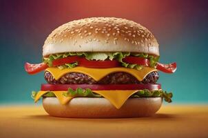 AI generated cheeseburger isolated on a bright color background with a copy space area photo