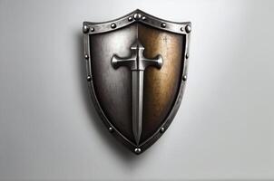 AI generated A knight shield made of silver steel isolated on a white background with copy space area photo