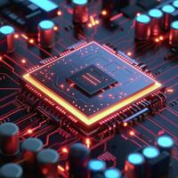 AI generated realistic and futuristic computer chip with electric circuitry photo