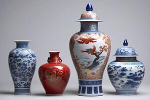 AI generated A set of Chinese ancient vase of porcelain isolated on a white background photo