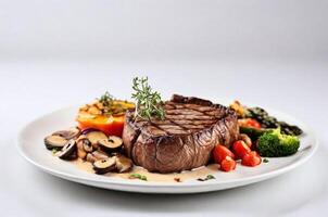 AI generated Beef steak served with mushroom sauce and vegetables side garnish isolated on white background with copy space area photo