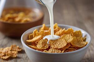 AI generated close up image of milk poured on corn flakes in a bowl with copy space area photo