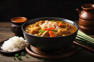 AI generated Japanese curry rice in a classic ceramic bowl photo