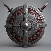 AI generated A weathered Viking shield with swords passed down through generations photo