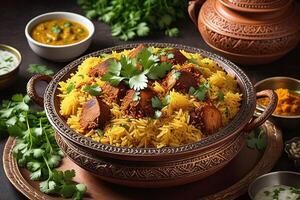 AI generated Biryani rice with lamb meat served on a plate for dinner, top view photo