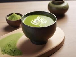 ai generado un taza de matcha en un mesa con Copiar espacio foto