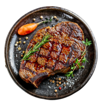 Grilled sliced Beef Steak with rosemary on black bowl, top view with transparent background png