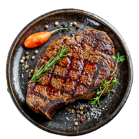 Grilled sliced Beef Steak with rosemary on black bowl, top view with transparent background png