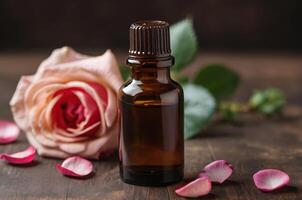 AI generated Rose essential oil in bottle with petals and copy space area photo