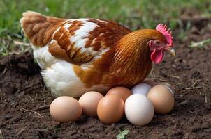 ai generado un gallina tendido huevos en el suelo foto