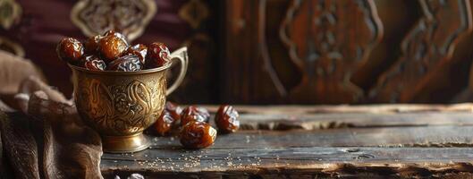 AI generated Ramadan Kareem concept. Dried dates in a bowl on a wooden background. Selective focus photo