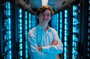 AI generated Portrait of young man standing with arms crossed against server room in data center photo