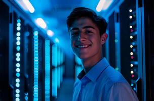 AI generated Portrait of young man standing with arms crossed against server room in data center photo
