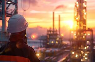 ai generado ingeniero o técnico a el petróleo y gas refinería planta a puesta de sol o amanecer hora foto