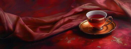 ai generado taza de té en un rojo seda antecedentes con espacio para texto foto