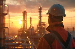 ai generado ingeniero o técnico a el petróleo y gas refinería planta a puesta de sol o amanecer hora foto