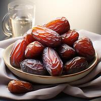 AI generated Dried dates in white bowl on grey background photo