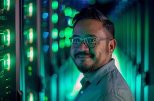 AI generated Portrait of young man standing with arms crossed against server room in data center photo