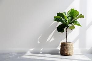 AI generated Plants in pots on a wooden table against a wall. photo